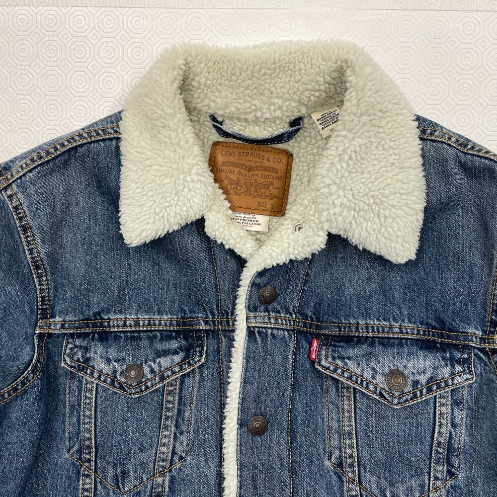 LEVI'S Premium Big E Denim Sherpa Lined Snap Button Front Trucker Jacket Women S - Picture 3 of 14